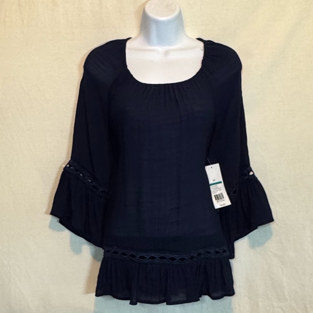 G-85 New Directions NWT Blue Crochet Detail 1/2 Sleeve Pullover‎ Blouse Size M